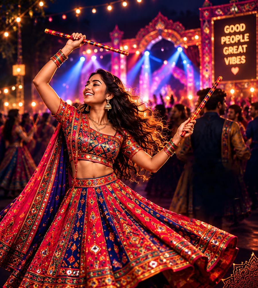 A woman in a red embroidered chaniya choli dancing with dandiya sticks under festival lights