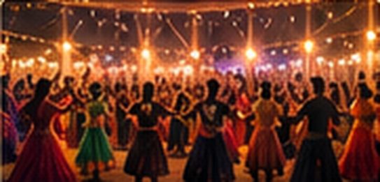 Crowd dancing Garba under strings of lights