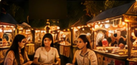Lit-up food stalls with guests eating